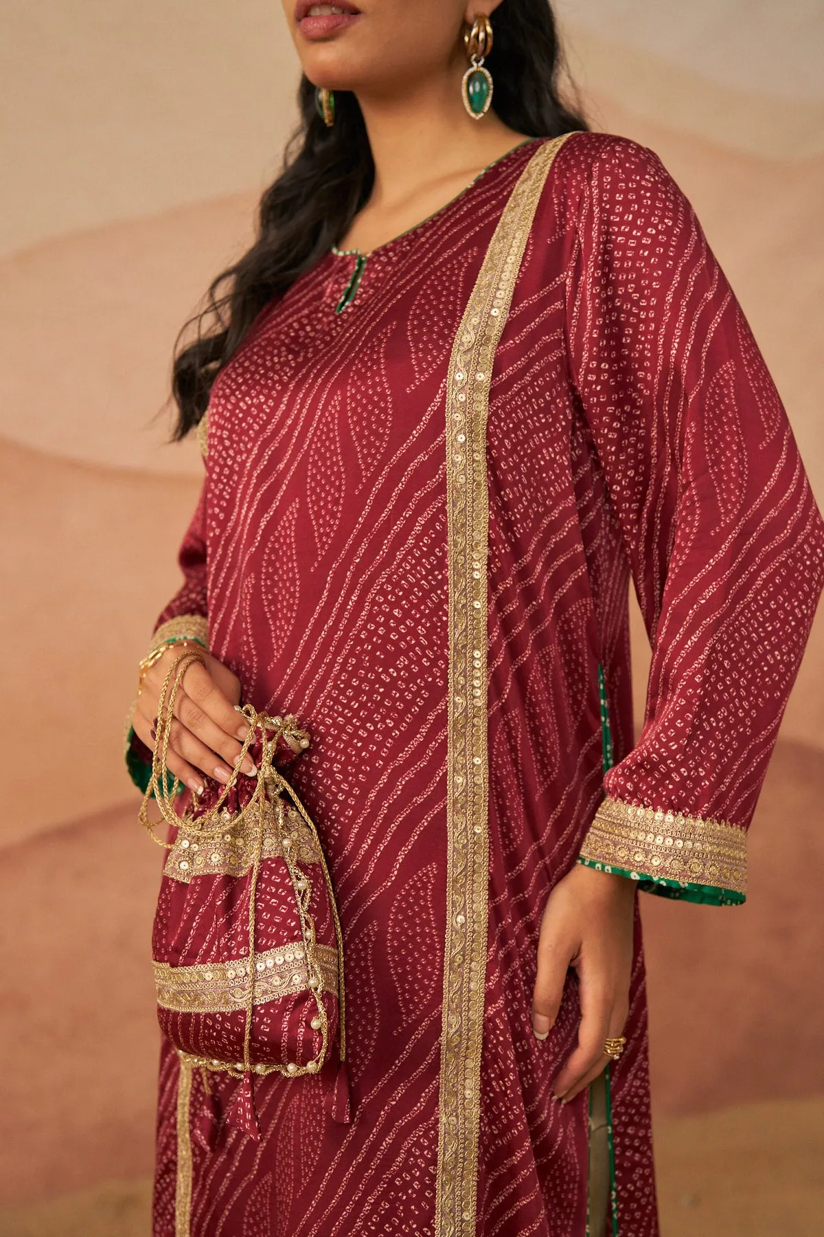 Batik Bandhej Phiran Set With Potli and Emerald Green Dupatta