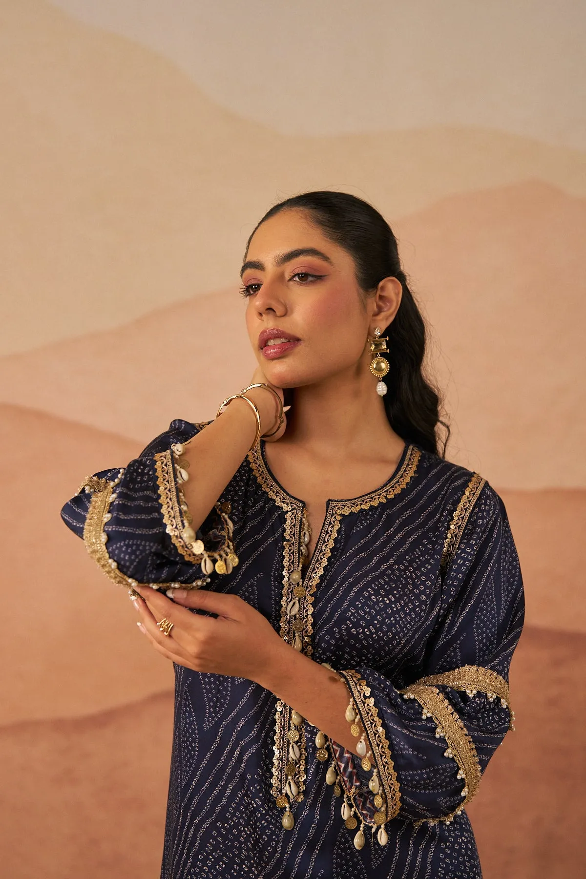 Blue Leheriya Bandhani Suit With Potli
