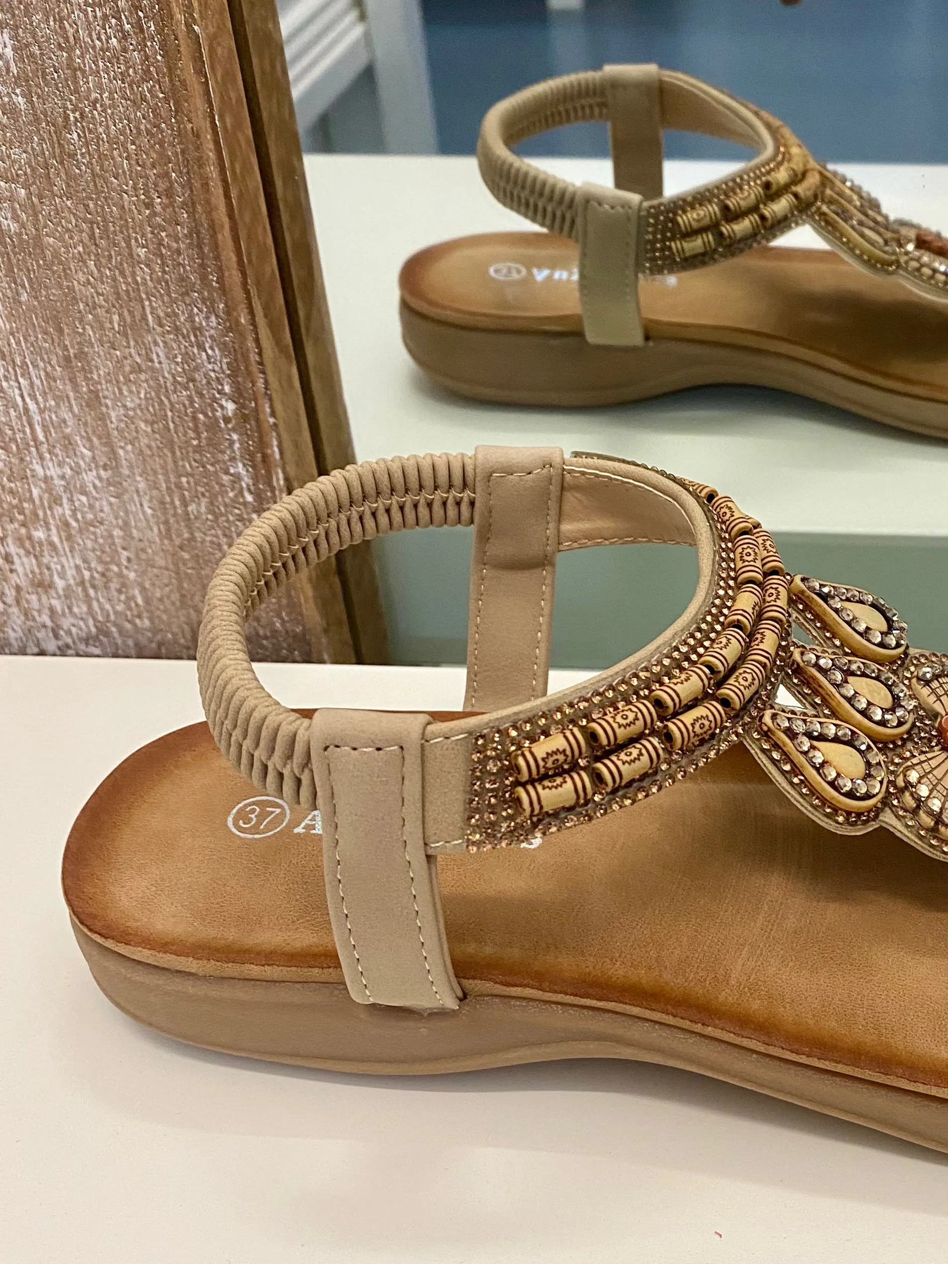 Flat Beaded Sandals - Beige