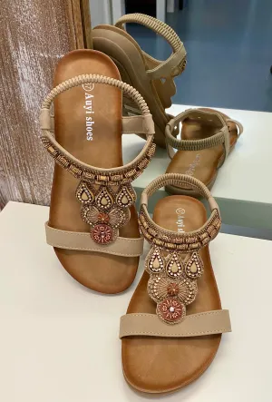 Flat Beaded Sandals - Beige