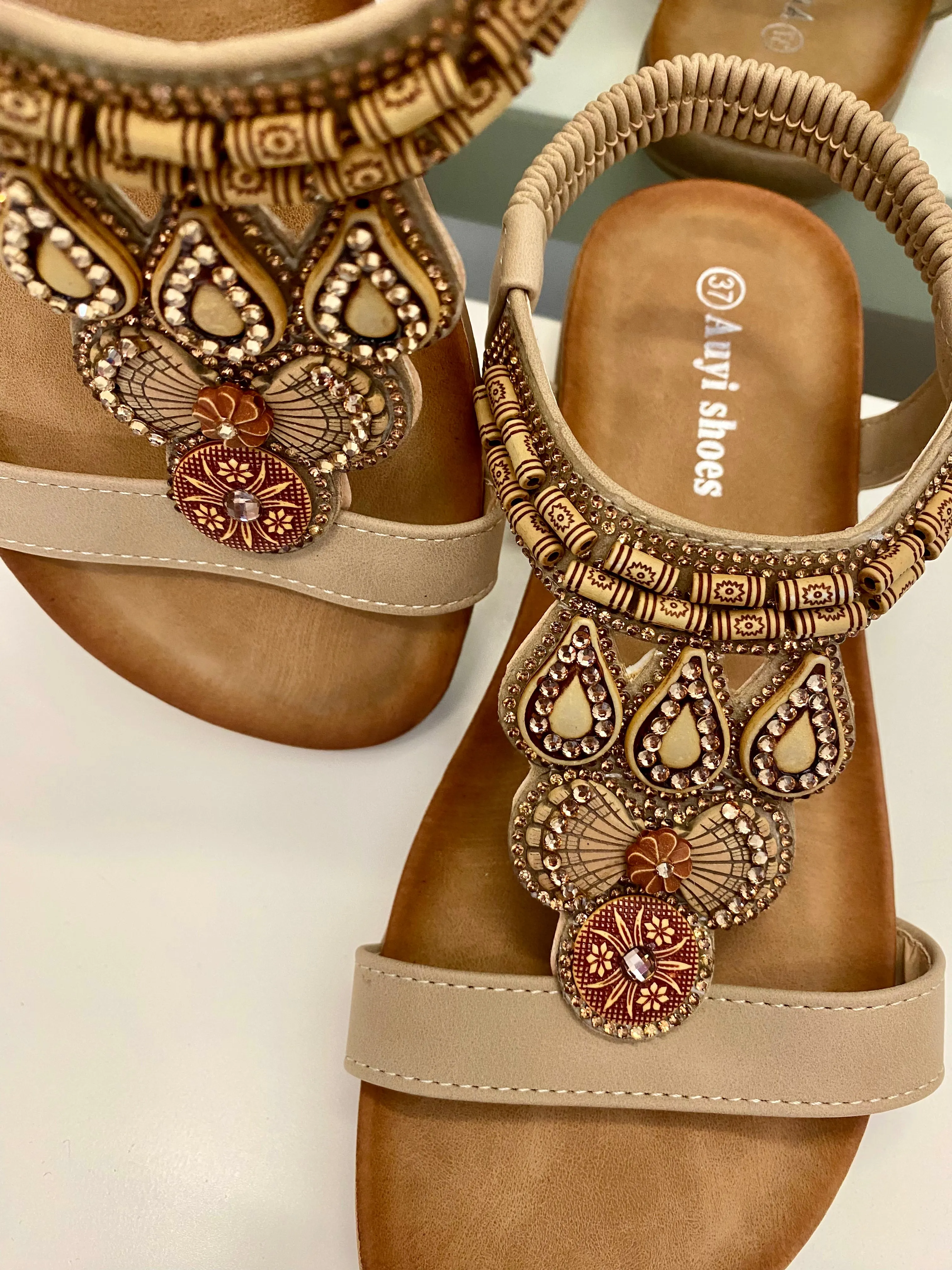 Flat Beaded Sandals - Beige