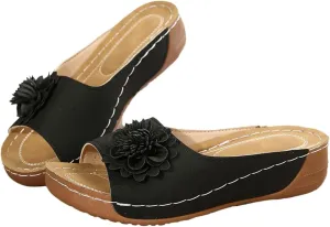 Orthopedic Sandals for Women Summer Fashion Open Toe Wedge Slides Slippers Fashion Flower Fish Mouth Leather Slippers Mesh Comfy Shoes