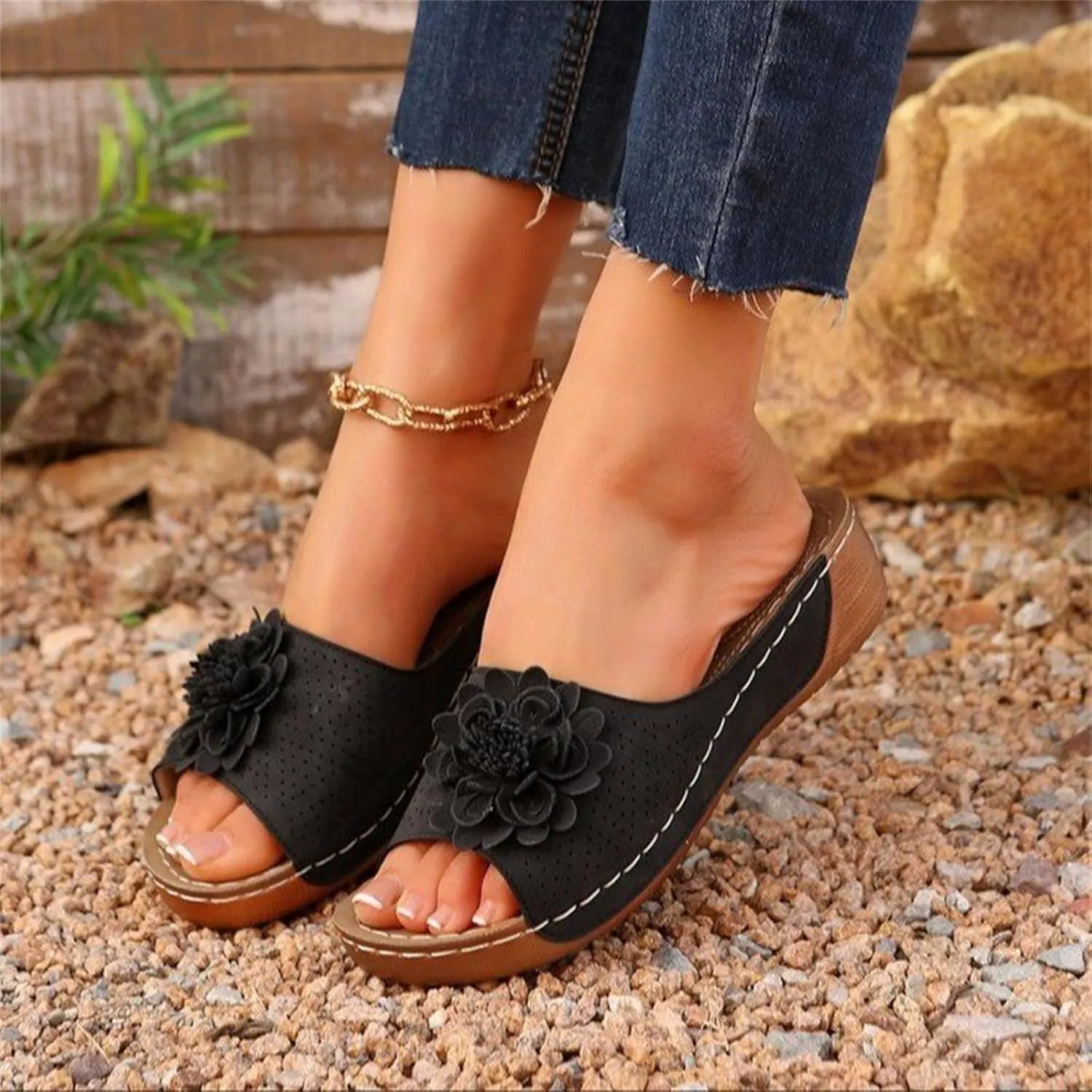 Orthopedic Sandals for Women Summer Fashion Open Toe Wedge Slides Slippers Fashion Flower Fish Mouth Leather Slippers Mesh Comfy Shoes