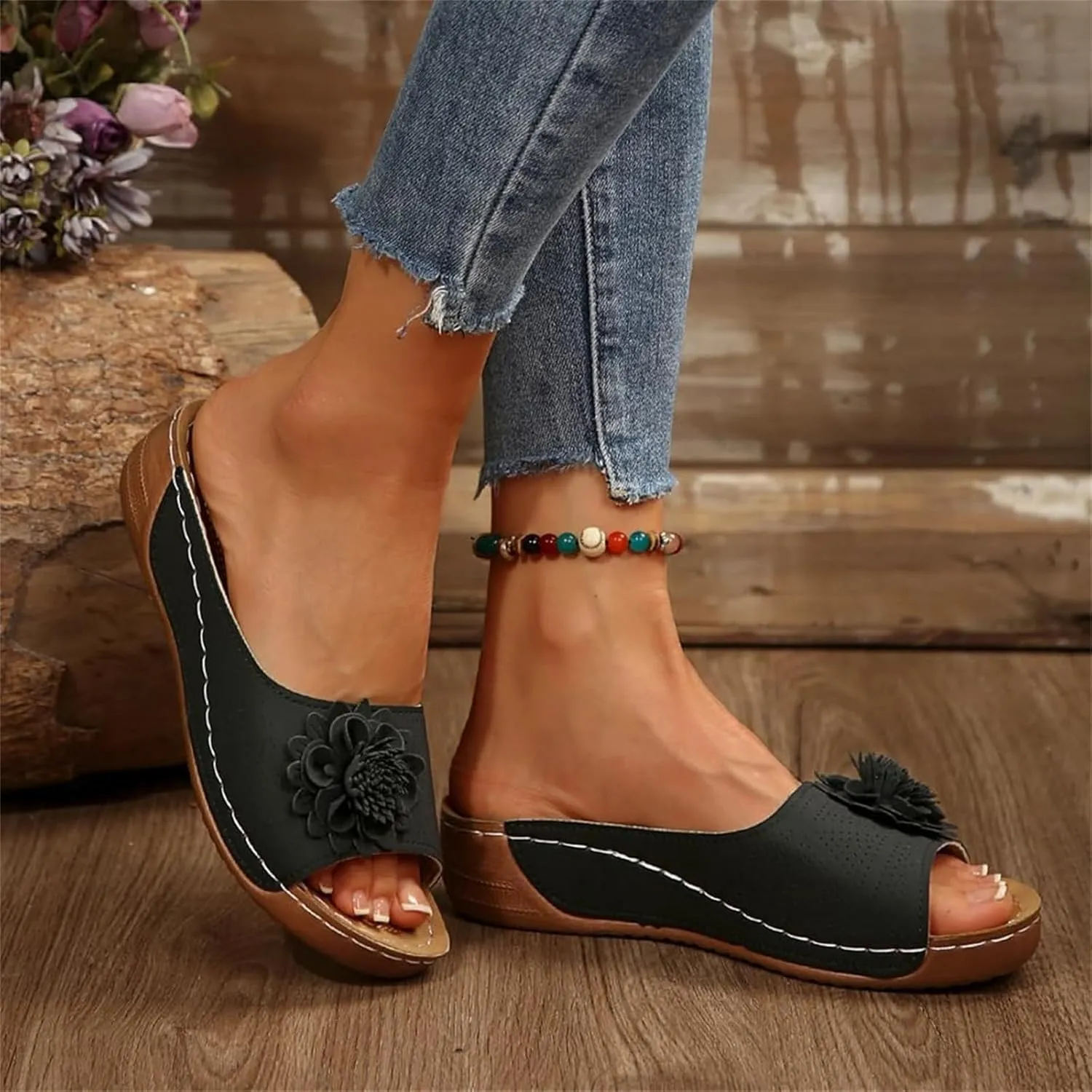 Orthopedic Sandals for Women Summer Fashion Open Toe Wedge Slides Slippers Fashion Flower Fish Mouth Leather Slippers Mesh Comfy Shoes