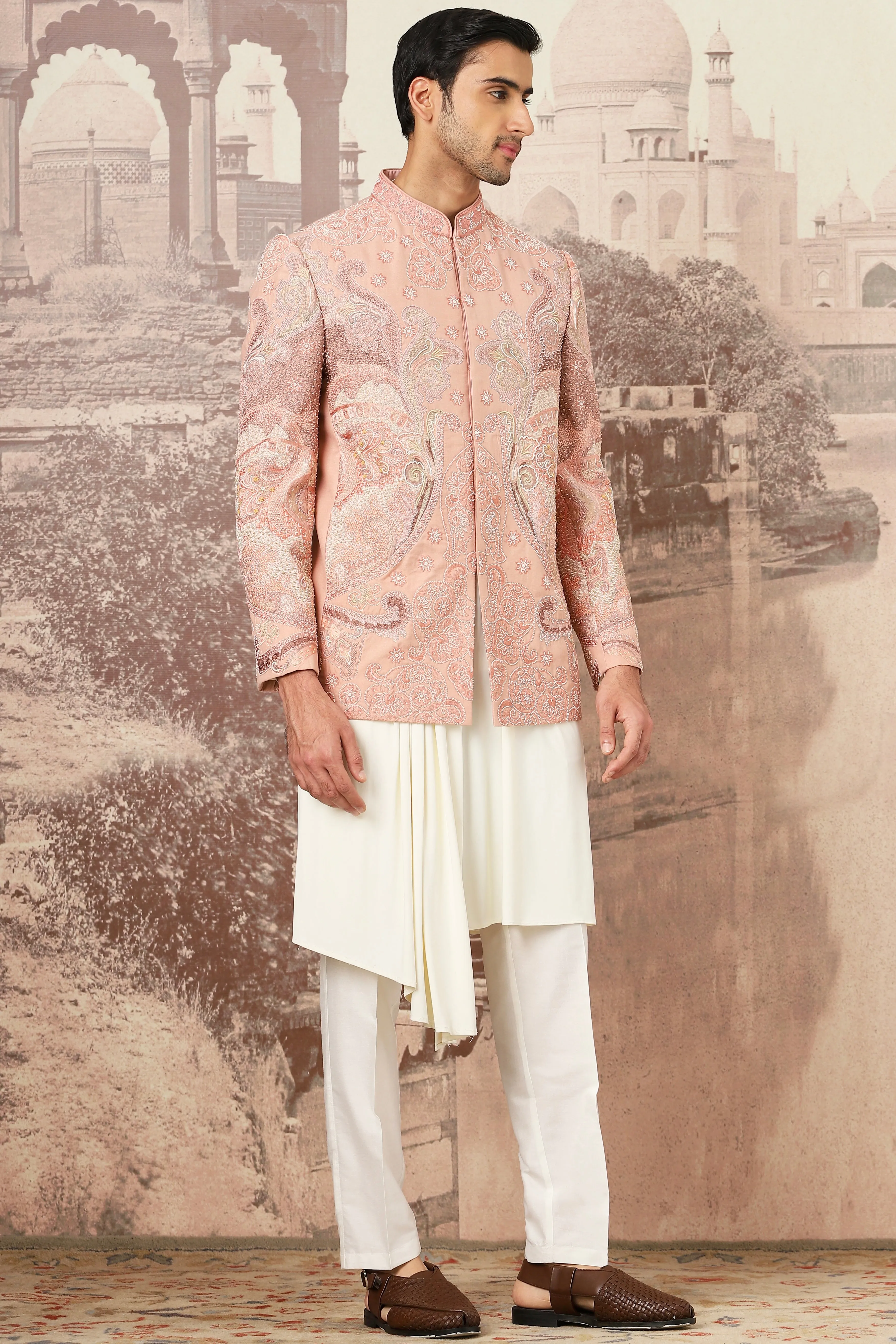 Peach Desert Linen Embroidered Bandhgala Set