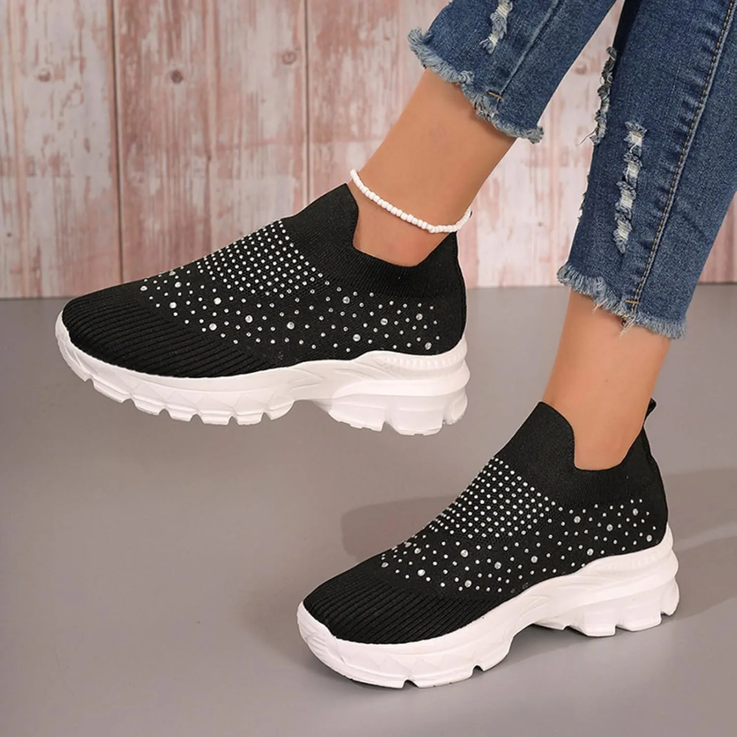 Women's Slip on Walking Shoes Rhinestone Comfy Rhinestone Knitted Non Slip Arch Support Running Shoes Breathable Gym Workout Shoes Lightweight Fashion Sneakers
